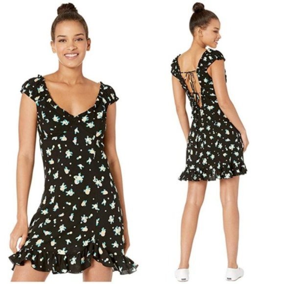 Free People Like A Lady Black Floral Romantic Ruffle Sleeve Mini Dress Sz S - Picture 1 of 12